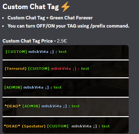 In-game examples of custom and admin chat tags